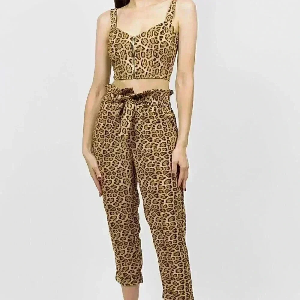 Leopard Two Piece Set Small Cropped Tank Top Leopard Print Matching Summer Set - Picture 2 of 4